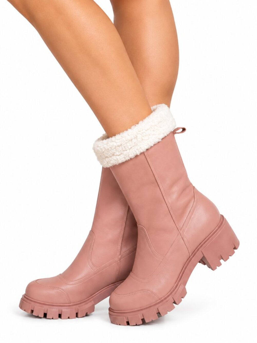 Women’s Pink Faux Shearling Lug Sole Mid Calf Boots, 8